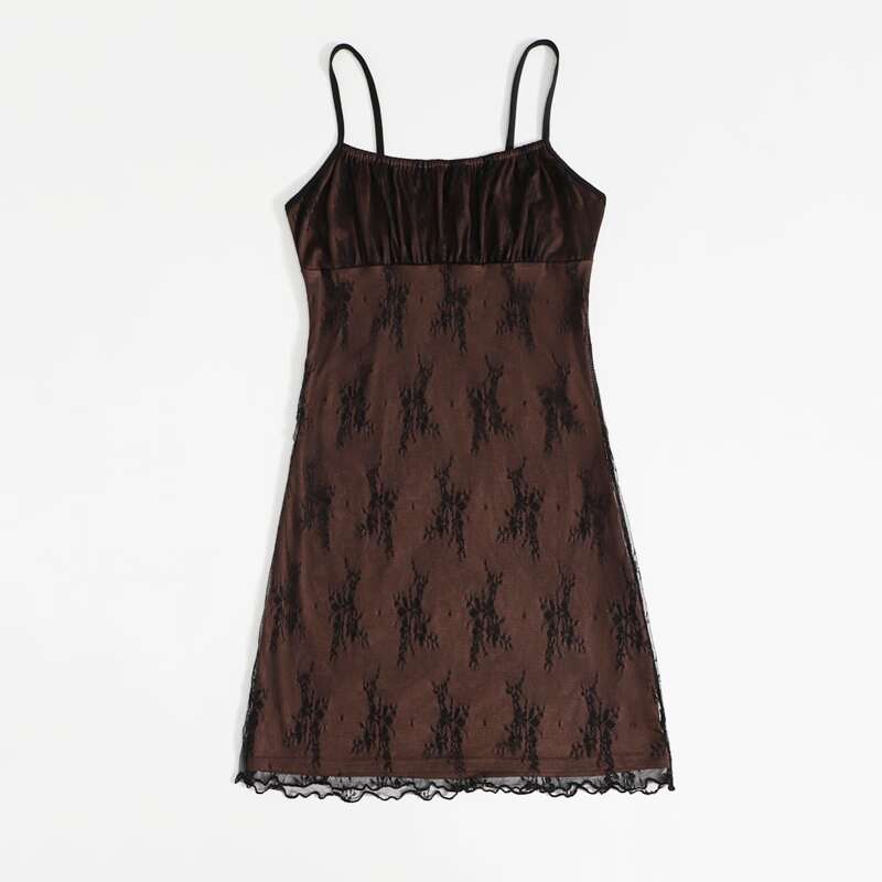 

Floral Mesh Ruched Bust Cami Dress, Chocolate brown