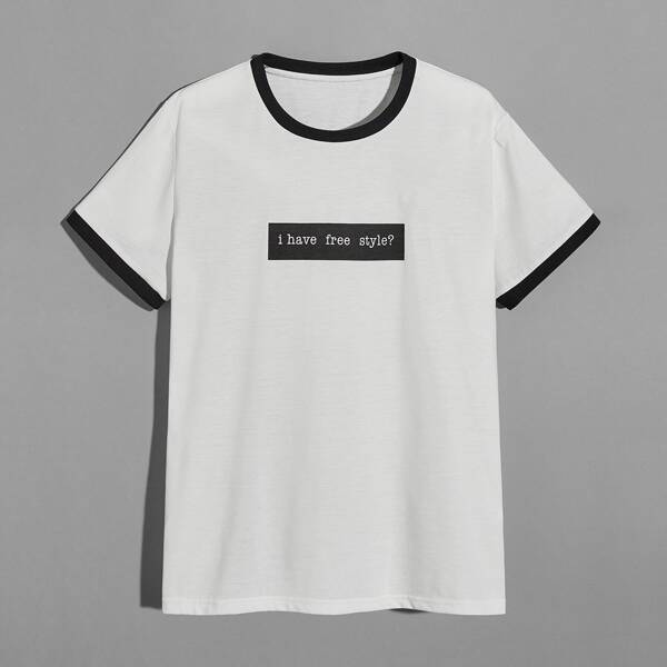 

Men Contrast Binding Slogan Graphic Tee, White
