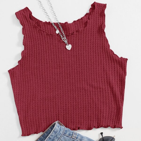 

Plus Waffle Knit Lettuce Trim Tank Top, Burgundy