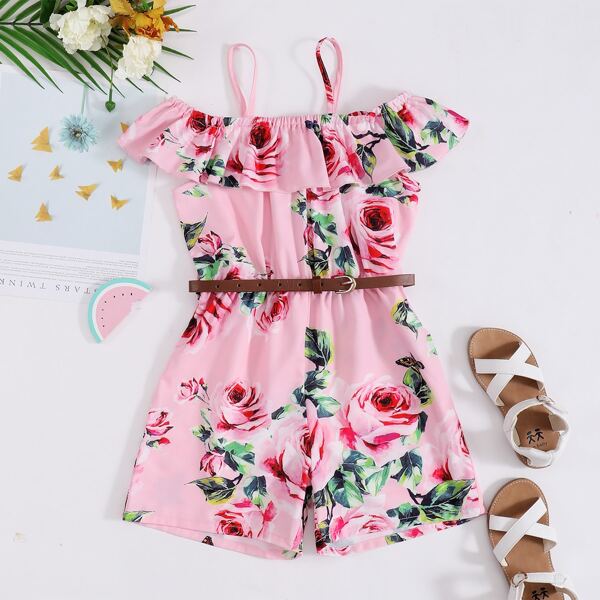

Girls Floral Print Belted Cold Shoulder Romper, Baby pink