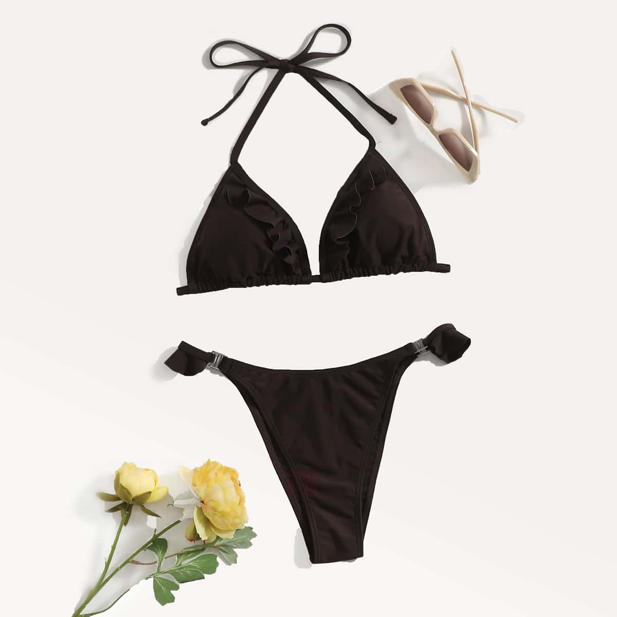 

Ruffle Trim Bikini Swimsuit, Brown