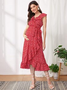 SHEIN Maternidad vestido con cinturón ribete fruncido floral - Rojo - Ver 1