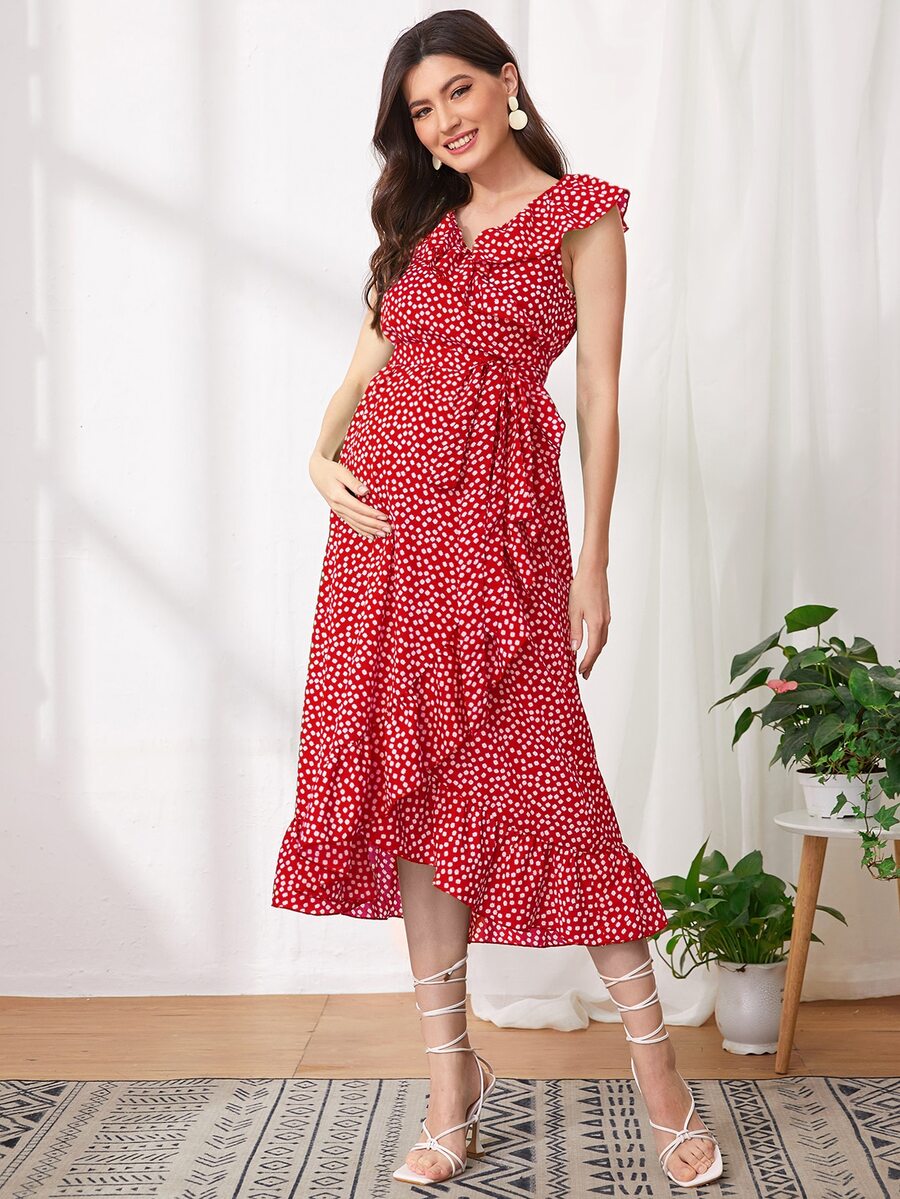 SHEIN Maternidad vestido con cinturón ribete fruncido floral - Rojo - Ver 1