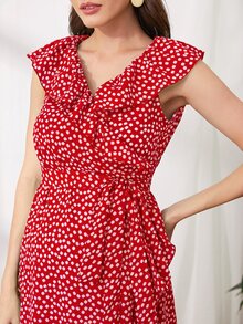 SHEIN Maternidad vestido con cinturón ribete fruncido floral - Rojo - Ver 5