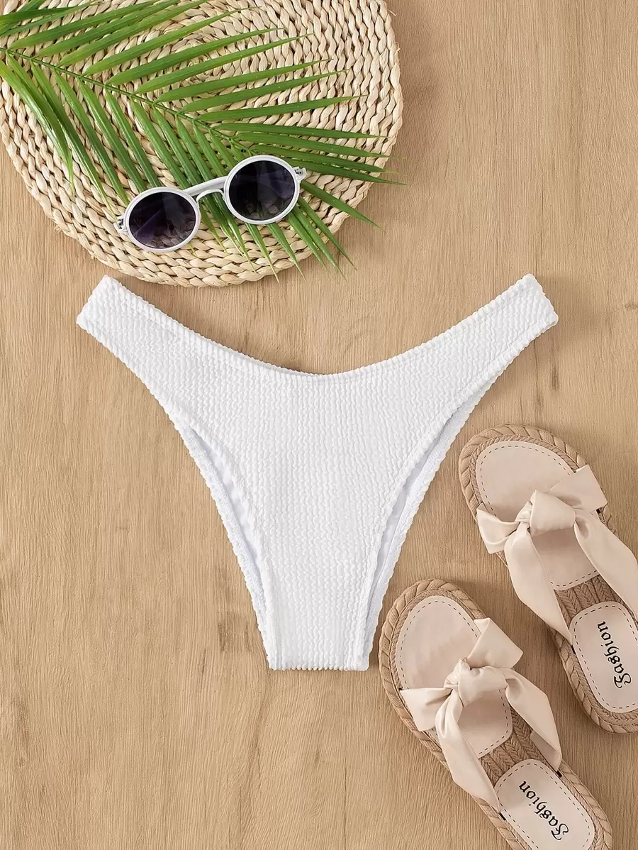 SHEIN Swim 紋理高衩比基尼泳褲 - 白色 - 查看 1