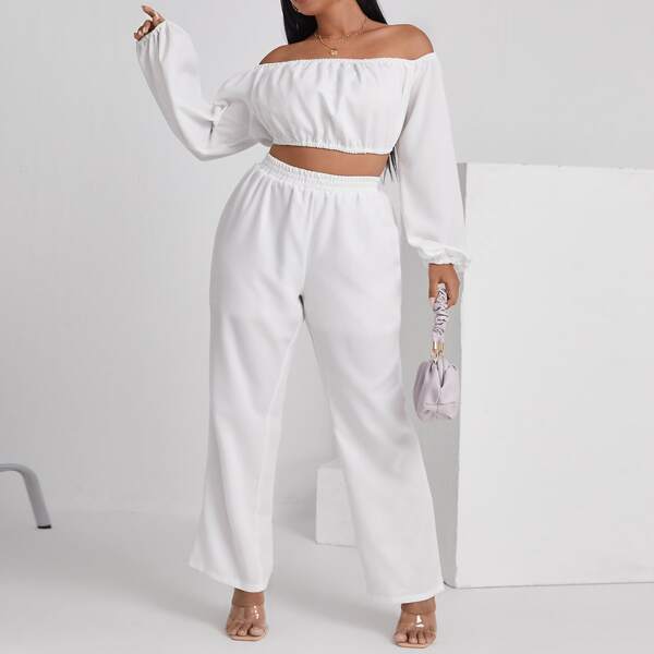 

Plus Off The Shoulder Bishop Sleeve Crop Top With Pants, White