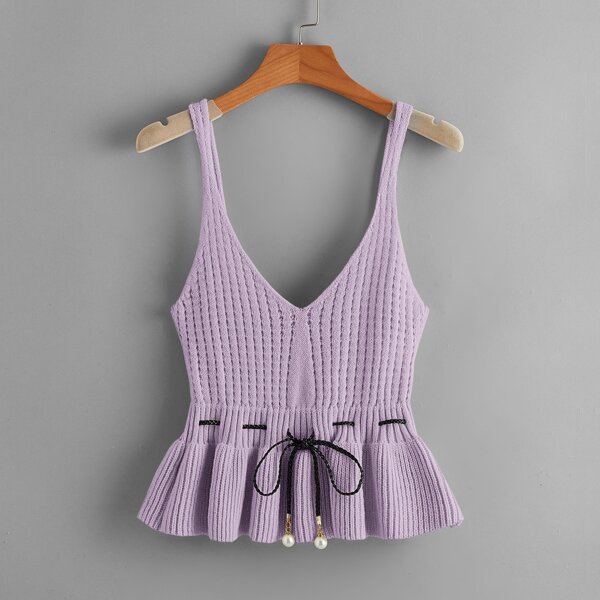 

Pearl Drawstring Waist Ruffle Hem Knit Top, Mauve purple