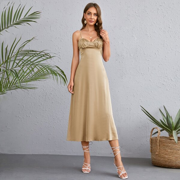

Ruched Bust Satin Cami Dress, Khaki