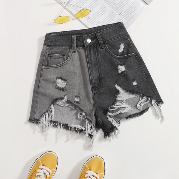 

Two Tone Ripped Denim Shorts, Dark grey
