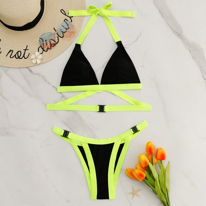 

Contrast Binding Buckle Halter Bikini Swimsuit, Multicolor