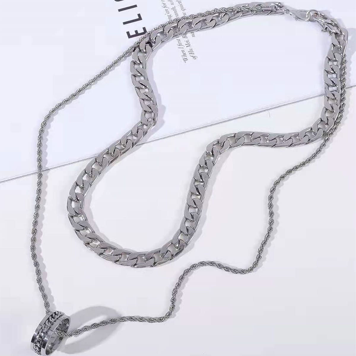 

Guys Ring Layered Chain Necklace, Silver