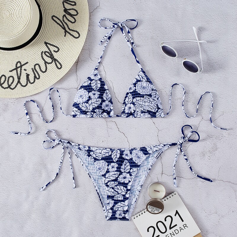 

Floral Smocked Triangle Tie Side Bikini Swimsuit, Blue and white
