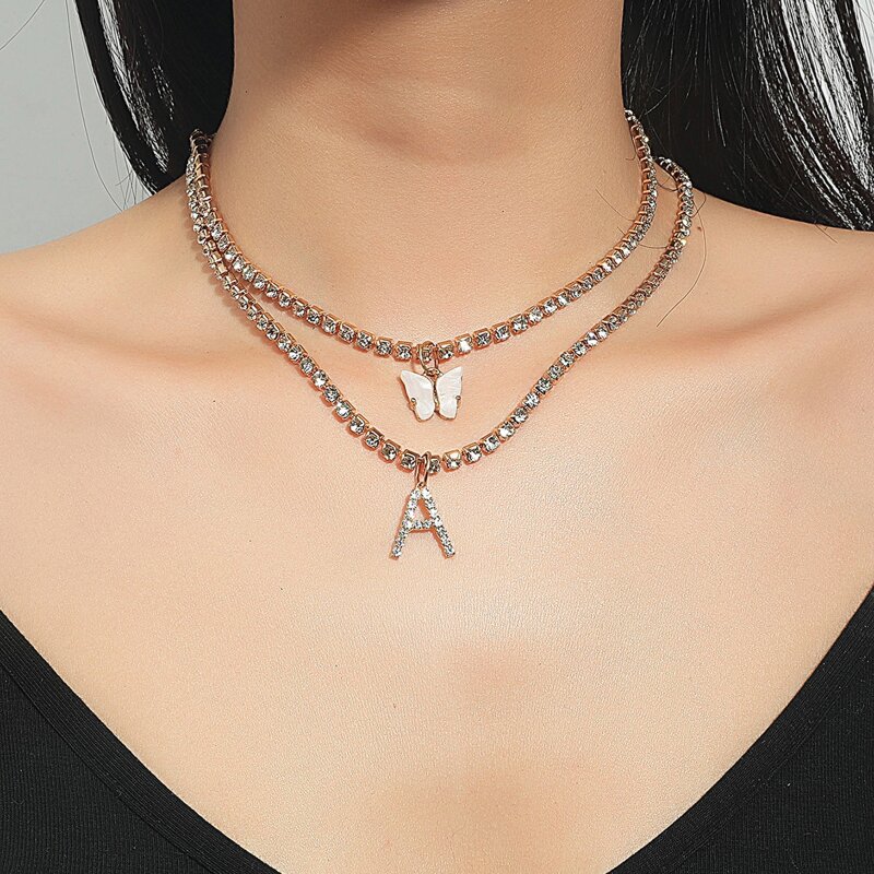 

2pcs Rhinestone Butterfly & Letter Pendant Necklace, Gold
