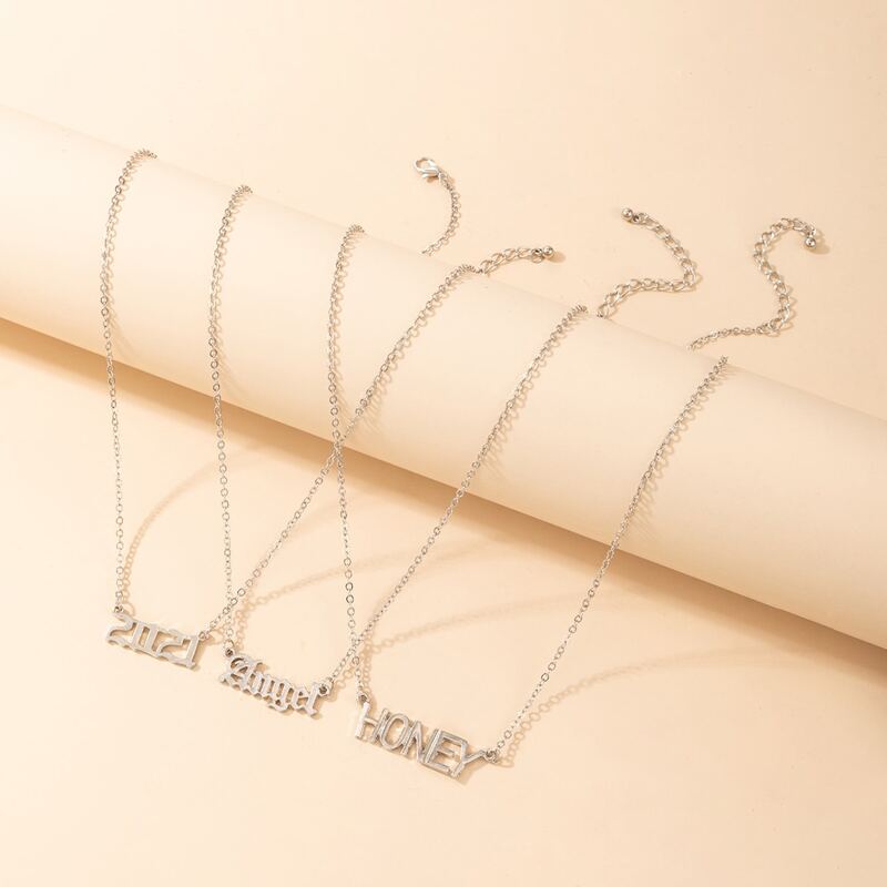

3pcs Letter & Number Pendant Necklace, Silver