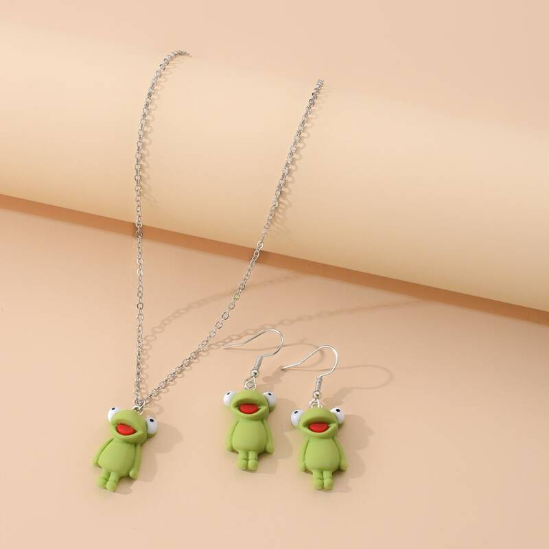 

3pcs Cartoon Frog Jewelry Set, Green
