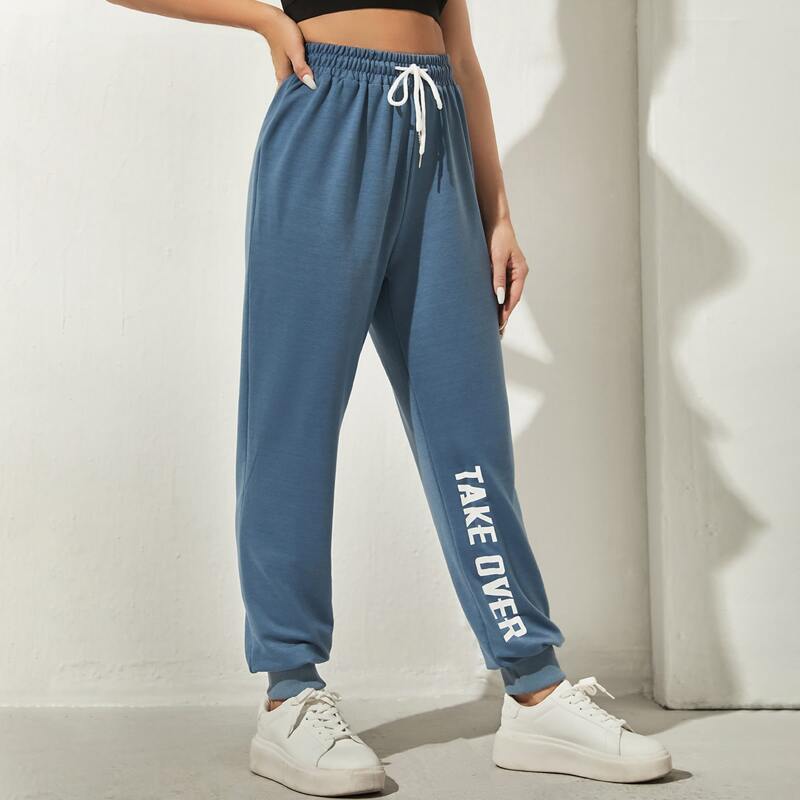 

Slogan Graphic Drawstring Waist Sports Pants, Dusty blue