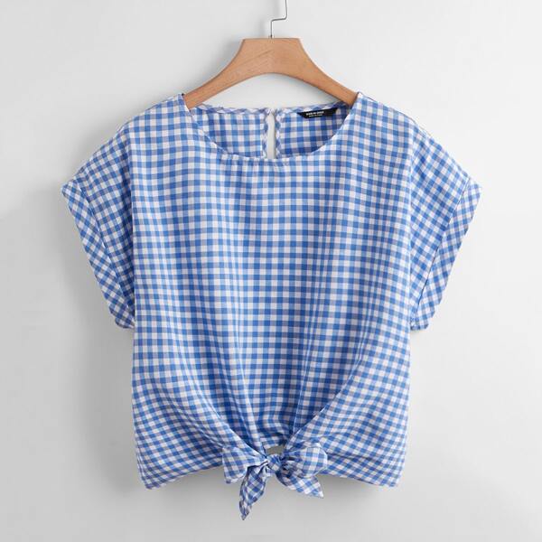 

Plus Batwing Sleeve Tie Hem Gingham Top, Blue and white