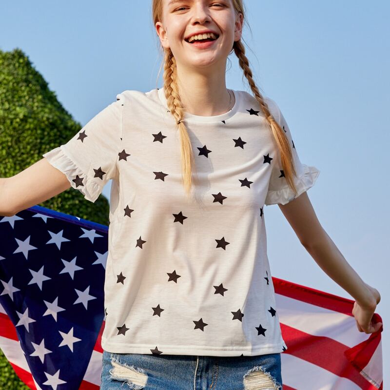 

Ruffle Cuff Star Print Tee, White