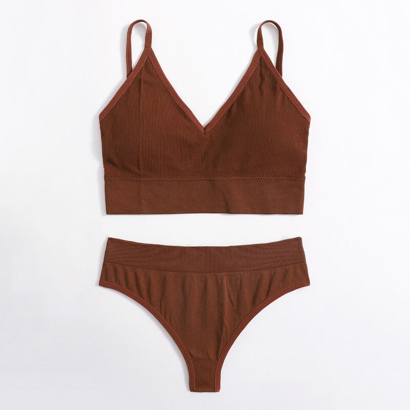 

Simple Solid Lingerie Set, Brown