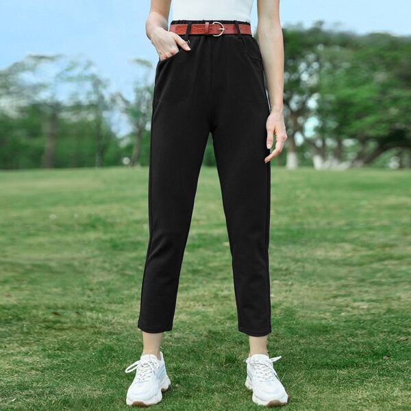 

Golf Solid Elastic Waist Cropped Pants Without Belt, Black