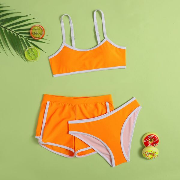 

3pack Girls Contrast Binding Shorts Bikini Swimsuit, Orange