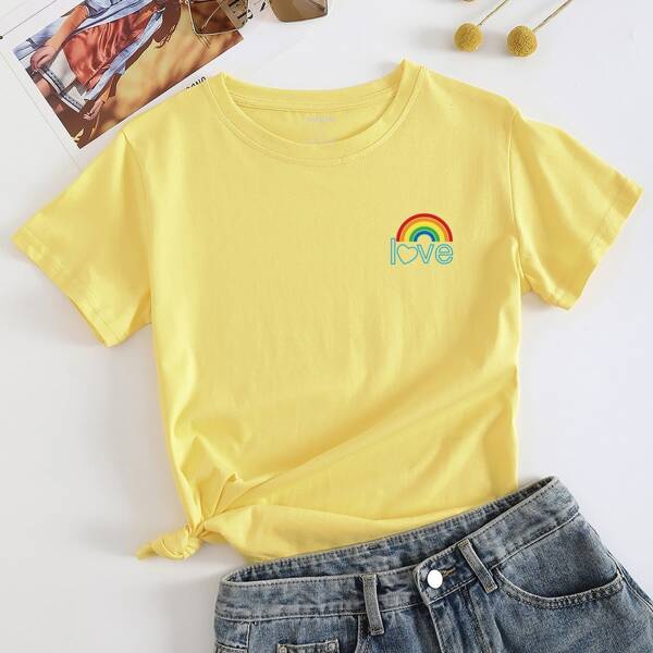 

Rainbow And Letter Graphic Tee, Yellow