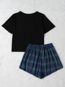 Miss Vinta Letter Graphic Tee And Plaid Shorts PJ Set / Pajama Set - Multicolor - View 2