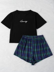 Miss Vinta Letter Graphic Tee And Plaid Shorts PJ Set / Pajama Set - Multicolor - View 3