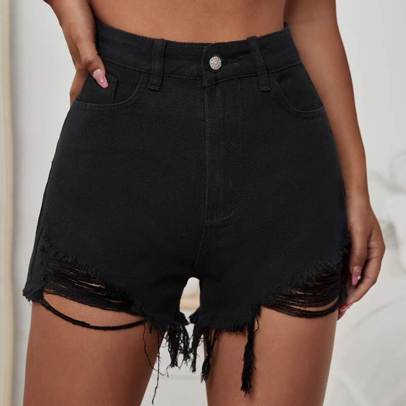 

Ripped Detail Denim Shorts, Black