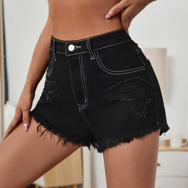 

Ripped Raw Hem Denim Shorts, Black
