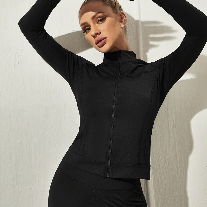 

Mock Neck Zipper Placket Solid Sports Jacket, Black