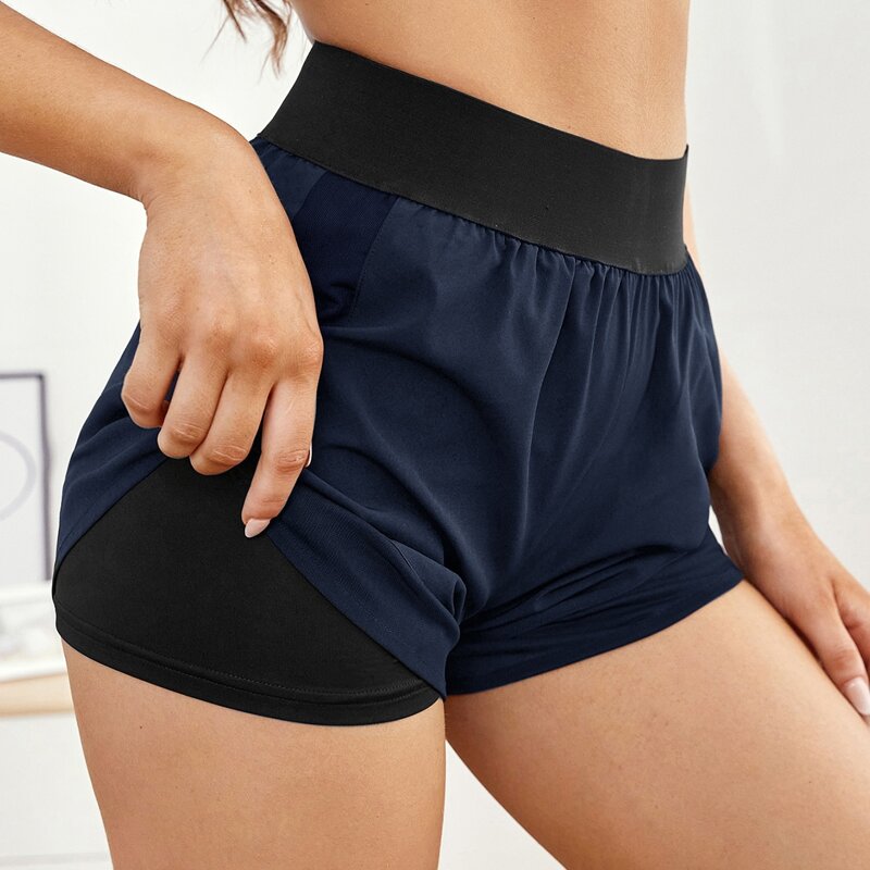 

Solid Wide Band Waist Sports Shorts, Navy blue