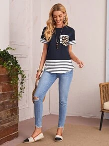 EMERY ROSE Pocket Patched Striped & Leopard Print Tee - Navy Blue - View 3