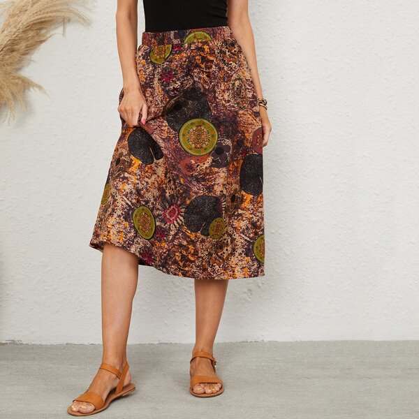 

Graphic Print Pocket A-line Skirt, Multicolor