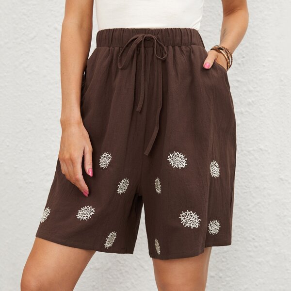 

Embroidered Wide Leg Shorts, Chocolate brown