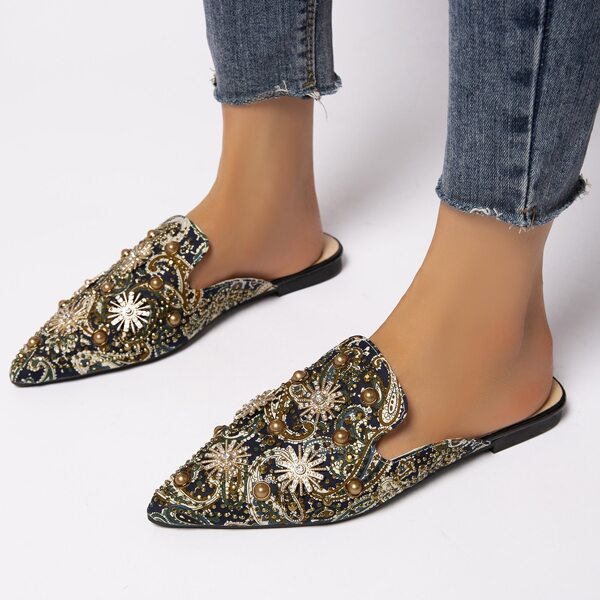 

Rhinestone Decor Point Toe Flat Mules, Multicolor