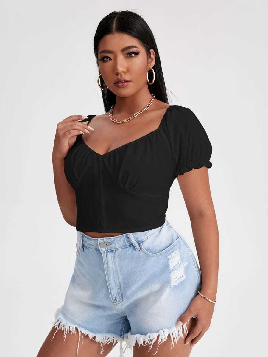 Top de lechera de manga farol con botón floral - Negro - Ver 1