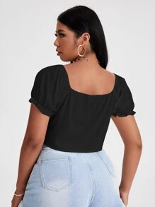 Top de lechera de manga farol con botón floral - Negro - Ver 2