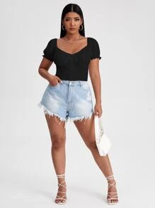 Top de lechera de manga farol con botón floral - Negro - Ver 3