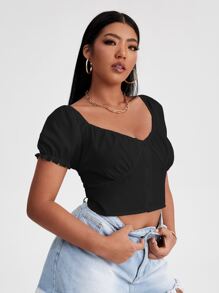 Top de lechera de manga farol con botón floral - Negro - Ver 4