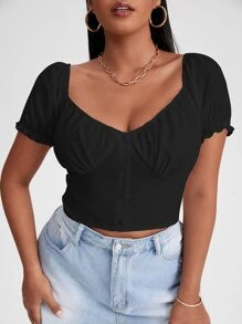 Top de lechera de manga farol con botón floral - Negro - Ver 5