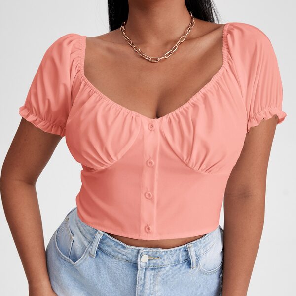 

Plus Covered Button Front Puff Sleeve Milkmaid Top, Coral pink