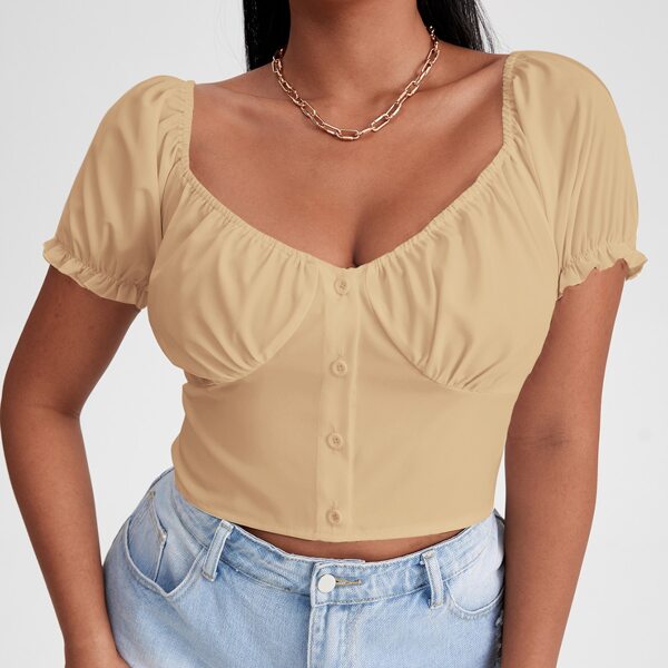 

Plus Covered Button Front Puff Sleeve Milkmaid Top, Khaki