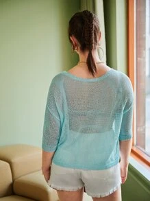 大碼落肩針織孔眼花邊針織上衣 - 淺藍色 - 查看 2