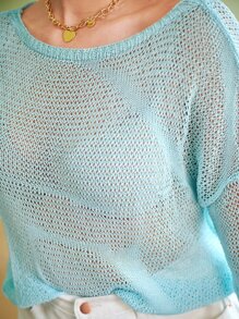 大碼落肩針織孔眼花邊針織上衣 - 淺藍色 - 查看 5