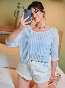 Calvaya 大碼落肩針織孔眼花邊針織上衣 - 淺藍色 - 查看 1