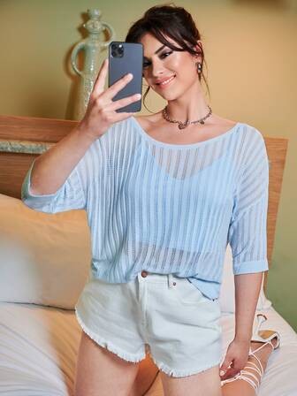 لباس علوي محبوك مزركش منخفض الكتف مقاس كبير