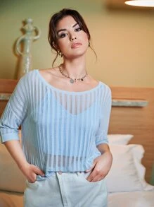 Calvaya 大碼落肩針織孔眼花邊針織上衣 - 淺藍色 - 查看 3