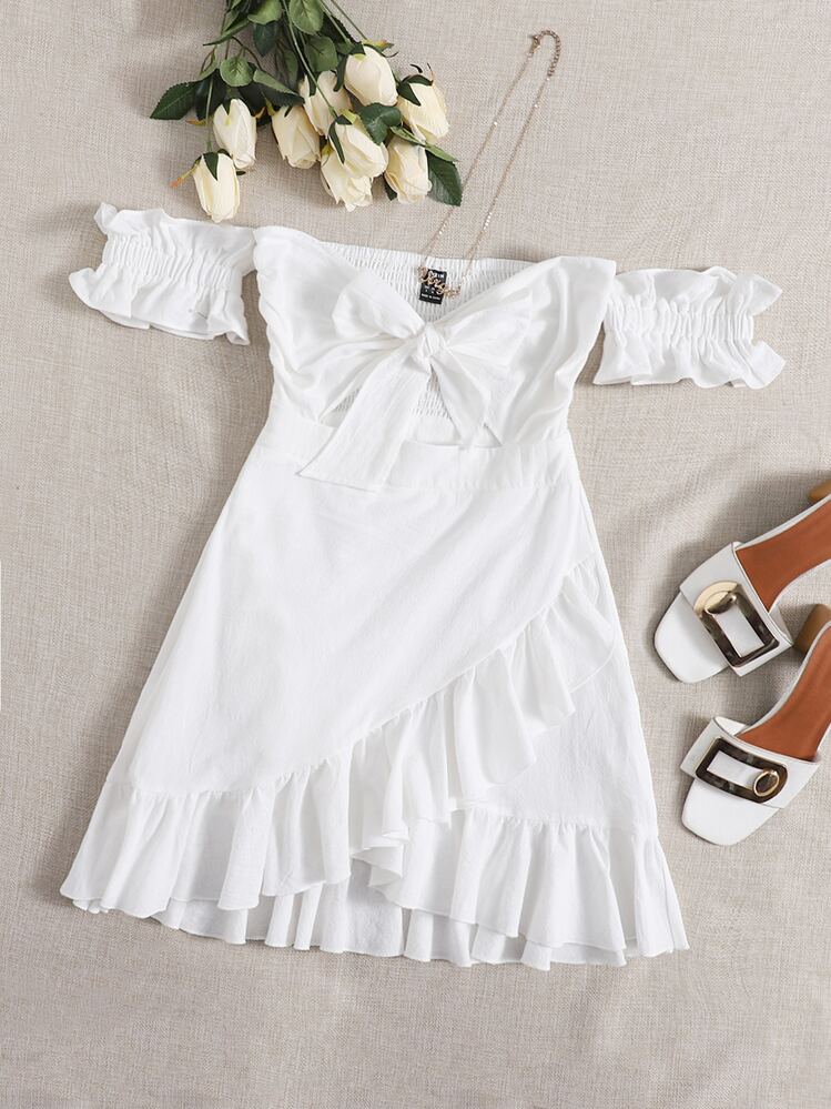 Soleia Off Shoulder Tie Front Wrap Hem Dress - White - View 1