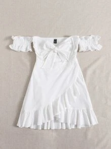 Soleia Vestido bajo cruzado con cordón delantero de hombros descubiertos - Blanco - Ver 4